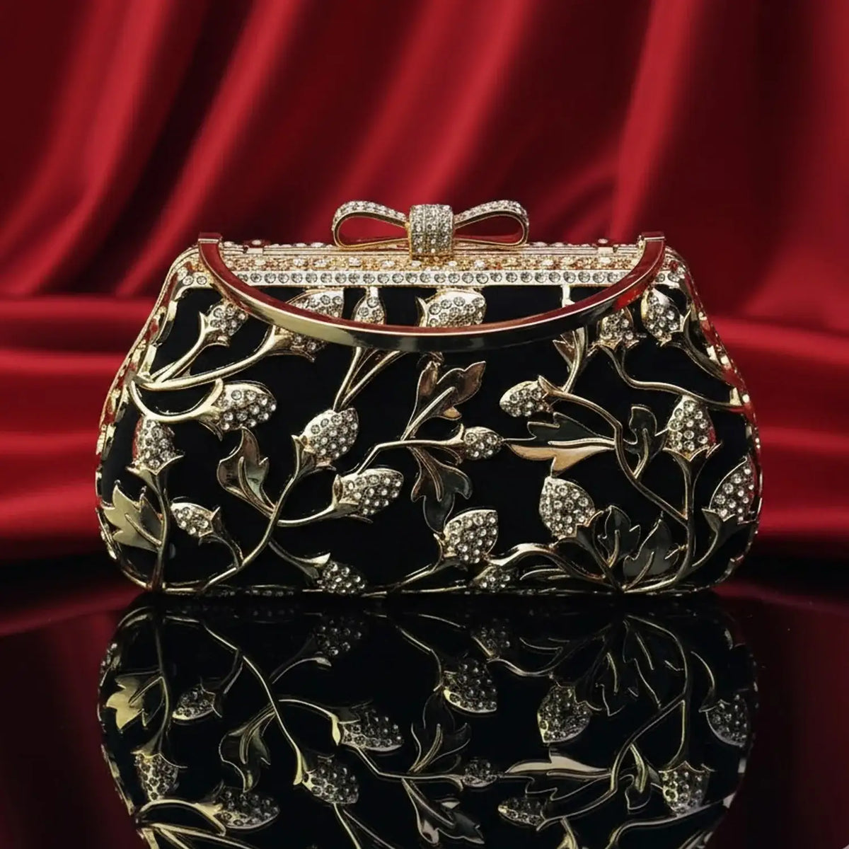 Elegant black clutch with gold floral design and crystals on red background, The Manay