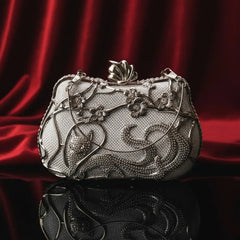 Luxury silver clutch bag with floral and cat design on red velvet, The Manay fashion