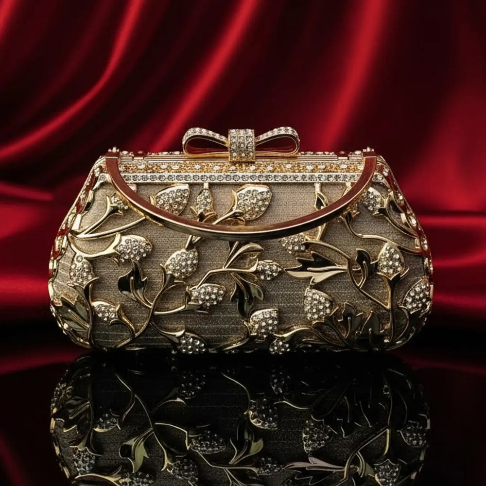 Elegant gold crystal floral clutch purse on red silk background, luxury bag by The Manay