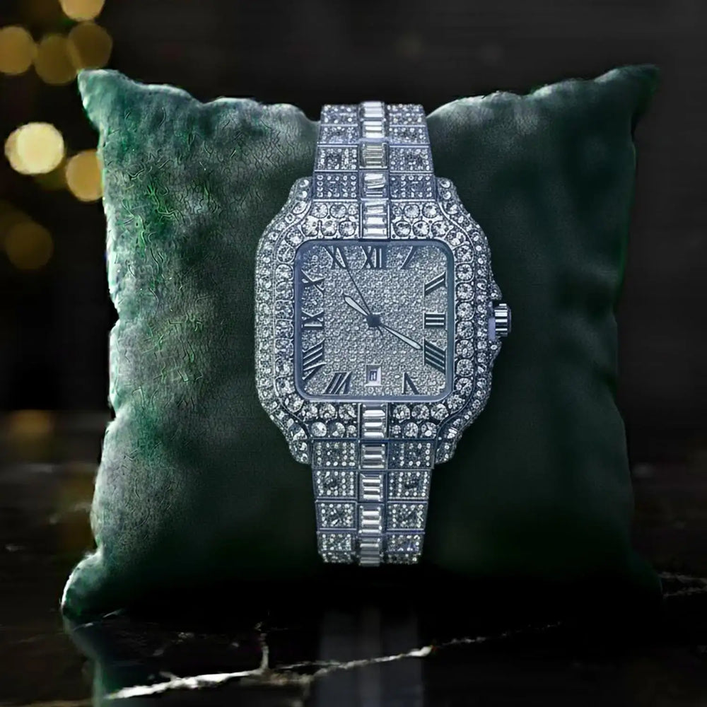 Luxury diamond watch on green velvet pillow, Roman numerals, IceBlingzzz premium jewelry